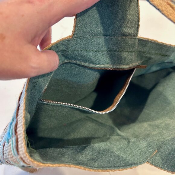 Vintage Jute Market Mini Tote Bag Handmade with Turquoise and Brown Boho Pattern - Picture 6 of 7